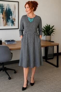 LLR282 London Times Woman Gray Black Textured Fit Flare Dress 22W